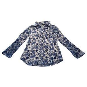 M1-41 DAVID CLINE Women's Collared Button Down Top Floral Blue/White Size S